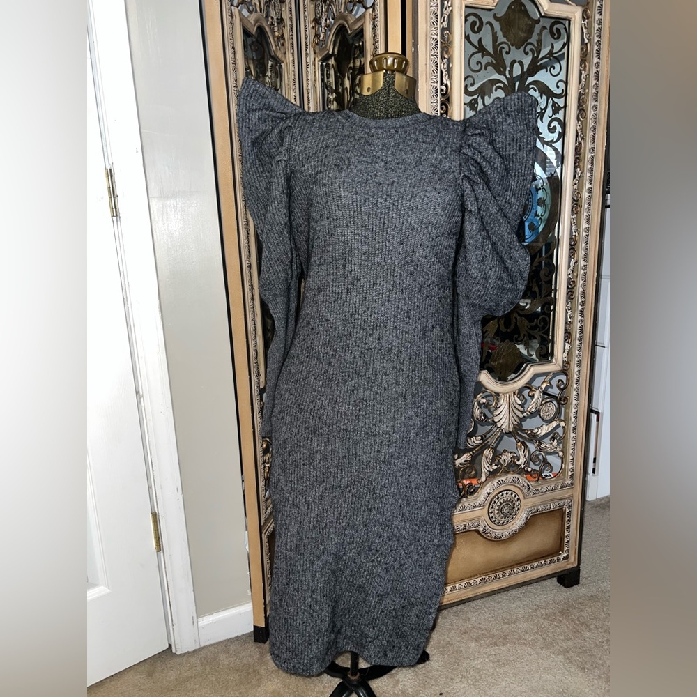 Ted Baker Charcoal Gray Puff-Sleeve Knit Midi Dress - Picture 2 of 5